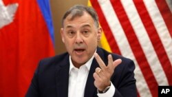 U.S. Ambassador to Cambodia William Heidt gives a press conference at the U.S. Embassy, in Phnom Penh, Cambodia, Sept. 12, 2017
