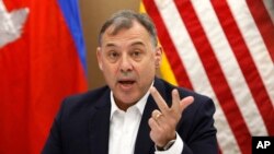 U.S. Ambassador to Cambodia William Heidt gives a press conference at the U.S. Embassy in Phnom Penh, Cambodia, Sept. 12, 2017
