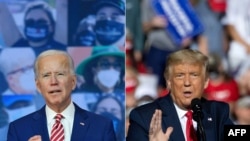This combination of pictures shows Democratic presidential nominee and former Vice President Joe Biden on Oct. 23, 2020 in Wilmington, Delaware, On the right is U.S. President Donald Trump in Gastonia, North Carolina, Oct. 21, 2020. 