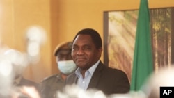 FILE - Zambian president-elect Hakainde Hichilema addresses a press conference at his residence in Lusaka, Zambia, Aug, 16, 2021.