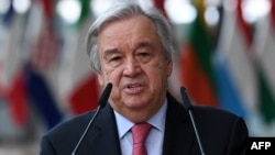 រូបឯកសារ៖ អគ្គលេខាធិការ​អង្គការ​សហ​ប្រជាជាតិ​លោក Antonio Guterres ថ្លែង​ទៅ​កាន់​ប្រព័ន្ធ​ផ្សព្វផ្សាយ​នៅ​ទីក្រុង​​ប្រ៊ុចសែល កាលពី​ថ្ងៃទី២៤ ខែមិថុនា ឆ្នាំ២០២១។