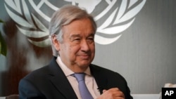 联合国秘书长古特雷斯（Antonio Guterres）2020年10月21日在纽约联合国总部接受采访。