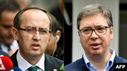 This combination of file photographs created on July 6, 2020, shows newly elected Kosovo Prime Minister Avdullah Hoti, left, in Pristina on June 3, 2020, and Serbian President Aleksandar Vucic in Belgrade on June 21, 2020.