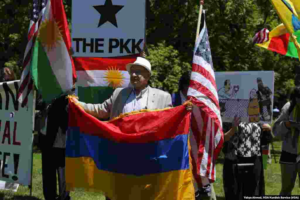 Protesters demonstrate outside the White House as Turkish President Recep Tayyip Erdogan meets with U.S. President Donald Trump, May 16, 2017.