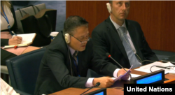 자성남 북한대사가 6일 미국을 비난하는 발언을 하고 있다.