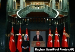 Turkish President Recep Tayyip Erdogan speaks during a meeting at the presidential palace in Ankara, Turkey, Tuesday, Nov. 24, 2015.