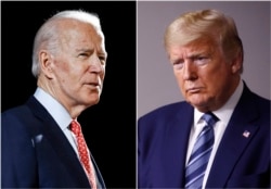 FILE - In this combination of photos, former Vice President Joe Biden speaks in Wilmington, Delaware, March 12, 2020, left, and President Donald Trump is seen at the White House in Washington, April 5, 2020.