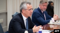 NATO Secretary General Jens Stoltenberg speaks during a meeting with U.S. Secretary of Defense Lloyd Austin, not pictured, at the Pentagon, outside Washington, June 7, 2021. 