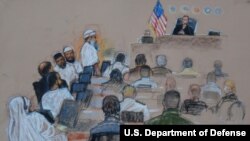 FILE - A courtroom sketch made available by the U.S. Department of Defense, shows Khalid Sheikh Mohammed and four other alleged Sept. 11 co-conspirators at the Expeditionary Legal Complex at Guantanamo Bay, Cuba, June 5, 2008.