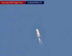 This still image taken from a Space X video shows the Starship SN9 launch as the company conducts a test flight on February 2, 2021, near Boca Chica, Texas.