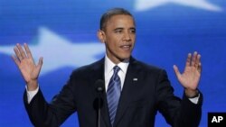Presiden AS, Barack Obama memberikan pidato pada konvensi nasional Partai Demokrat di Charlotte, North Carolina hari Kamis malam (6/9). 