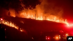 Flames from a backfire burn as CalFire crews battle the Ditwiler Fire near Mariposa, California, July 18, 2017. 