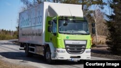 A test of the eRoadArlanda electrified road system with a specially designed electric truck is shown during a demonstration outside outside Stockholm, Sweden. (Photo:NCC Joakim Kröger)