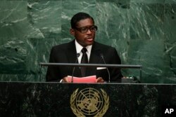 FILE - Teodoro Nguema Obiang Mangue, vice president of Equatorial Guinea, speaks during the 70th session of the United Nations General Assembly at UN headquarters, Sept. 30, 2015.