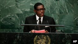 ARCHIVES - Teodoro Nguema Obiang Mangue, vice-président de la Guinée équatoriale, à la tribune des Nations unies en 2015.