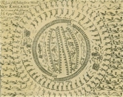 "The figure of the Indians’ fort or palizado in New England and the manner of the destroying it by Captayne Underhill and Captayne Mason," 1638 engraving directed by Captain John Mason.