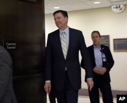 FBI Director James Comey is shown on Capitol Hill in Washington, May 4, 2017. Comey and NSA Director Mike Rogers met behind closed doors with members of a House committee investigating Russian meddling in the presidential election.