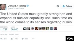 Presiden terpilih AS Donald Trump mengatakan ingin “memperkuat dan memperluas” kemampuan nuklir AS dalam tweetnya (foto: dok).