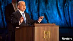 Israel's Prime Minister Benjamin Netanyahu speaks during the opening ceremony of Holocaust Memorial Day at the Yad Vashem Holocaust Memorial in Jerusalem April 27, 2014.