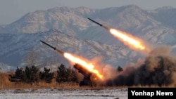 지난 2009년 1월 조선중앙통신이 보도한 북한군의 포사격 훈련. (자료사진)