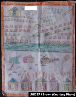 Drawing by a Rohingya boy, Kashem, revealing horrific experiences he endured while fleeing from Myanmar to Bangladesh.