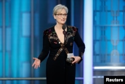 Actress Meryl Streep accepts the Cecil B. DeMille Award during the 74th Annual Golden Globe Awards show in Beverly Hills, California, Jan. 8, 2017.