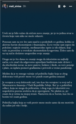 Reakcija ministra finansija u Vladi Srbije Siniše Malog na vest da je Senat Univerziteta u Beogradu odlučio da poništi njegov doktorat, objavljena u na Instagramu, u priči (Story), 22. decembra 2021.