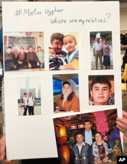 A poster showing missing relatives is displayed during a gathering to raise awareness about loved ones who have disappeared in China's far west in Washington D.C., Feb. 24, 2019.