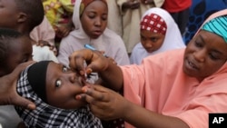 FILE - Health official administers a polio vaccine to a child in Kawo Kano, Nigeria.