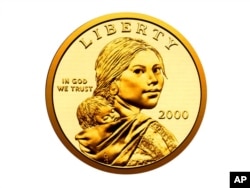 The Sacagawea dollar coin, first minted in the U.S. in 2000.