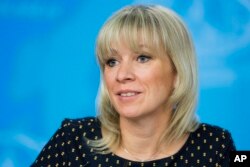 FILE - Russian Foreign Ministry spokesperson Maria Zakharova attends Russian Foreign Minister Sergey Lavrov's annual roundup news conference summing up his ministry's work in 2017 in Moscow, Russia, Jan. 15. 2018.