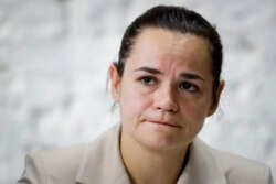 Sviatlana Tsikhanouskaya, candidate for the presidential elections, attends a news conference after the Belarusian presidential election in Minsk, Belarus, Monday, Aug. 10, 2020.