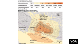 A map showing the areas affected by the earthquake in Nepal.