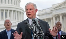 FILE - Sen. Jeff Sessions speaks at a news conference hosted by the Tea Party Patriots to oppose Senate immigration reform legislation on Capitol Hill in Washington, June 20, 2013.