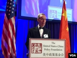 美中贸易全国委员会会长艾伦大使2019年11月21日在五月花饭店接受美中政策基金会颁发的“杰出成就奖”后发表讲话（美国之音莉雅拍摄）