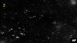 In this Thaichote satellite taken on March 24, 2014 (released March 27, 2014) a part of about 300 objects floating in the Indian Ocean near the search area for the missing Malaysia Airlines jetliner are shown.