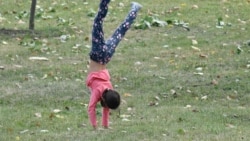 A young girl walks on her hands through the grass.