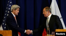 U.S. Secretary of State John Kerry and Russian Foreign Minister Sergei Lavrov shake hands at the conclusion of their press conference following their meeting in Geneva, Switzerland, Sept. 9, 2016.