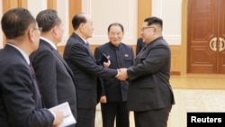 North Korean leader Kim Jong Un meets members of the high-level delegation of the Democratic People's Republic of Korea, which visited South Korea to attend the opening ceremony of the 23rd Winter Olympics in this undated photo released by North Korea's Korean Central News Agency.