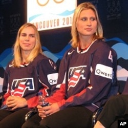 Jenny Potter, left, and Angela Ruggiero during US Women's Hockey press event