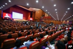 Myanmar's leader Aung San Suu Kyi speaks during a ceasefire agreement at the Myanmar International Convention Center in Naypyitaw, Myanmar, Feb. 13, 2018.
