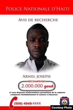 Wanted poster issued by Haiti's National Police force, PNH for alleged gang leader Arnel Joseph.