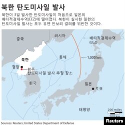 북한이 3일 발사한 탄도미사일이 처음으로 일본의 배타적경제수역(EEZ)에 떨어졌다.