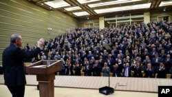 Turkish President Recep Tayyip Erdogan addresses a meeting of local administrators at his palace in Ankara, Turkey, Nov. 4, 2015.