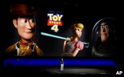 Producer Jonas Rivera of Pixar Animation Studios discusses the upcoming film "Toy Story 4" during the Walt Disney Studios Motion Pictures presentation at CinemaCon, April 3, 2019, in Las Vegas.