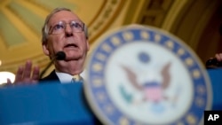 Senate Majority Leader Mitch McConnell of Kentucky speaks at a news conference on Capitol Hill in Washington, July 18, 2017. 