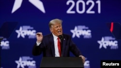 FILE - Former US President Donald Trump speaks at the Conservative Political Action Conference in Orlando, Fla., Feb. 28, 2021.