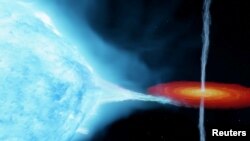 FILE - An artist's impression of the Cygnus X-1 system, with a so-called stellar-mass black hole orbiting a companion star some 7,200 light years from Earth. (International Centre for Radio Astronomy Research/Handout via REUTERS)