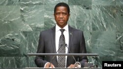 FILE - Zambian President Edgar Lungu speaks before attendees at the U.N. General Assembly in New York, Sept. 29, 2015. Fred Mutesa of Zambians for Empowerment and Development has endorsed Lungu in the August 11 presidential vote.