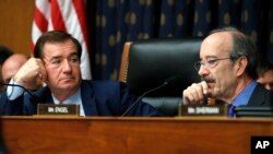 House Foreign Affairs Committee Chairman Ed Royce, R-Calif., left, and the committee's ranking member Rep. Eliot Engel, D-N.Y., listen during testimony during a committee hearing on North Korea sanctions, Sept. 12, 2017, on Capitol Hill in Washington.